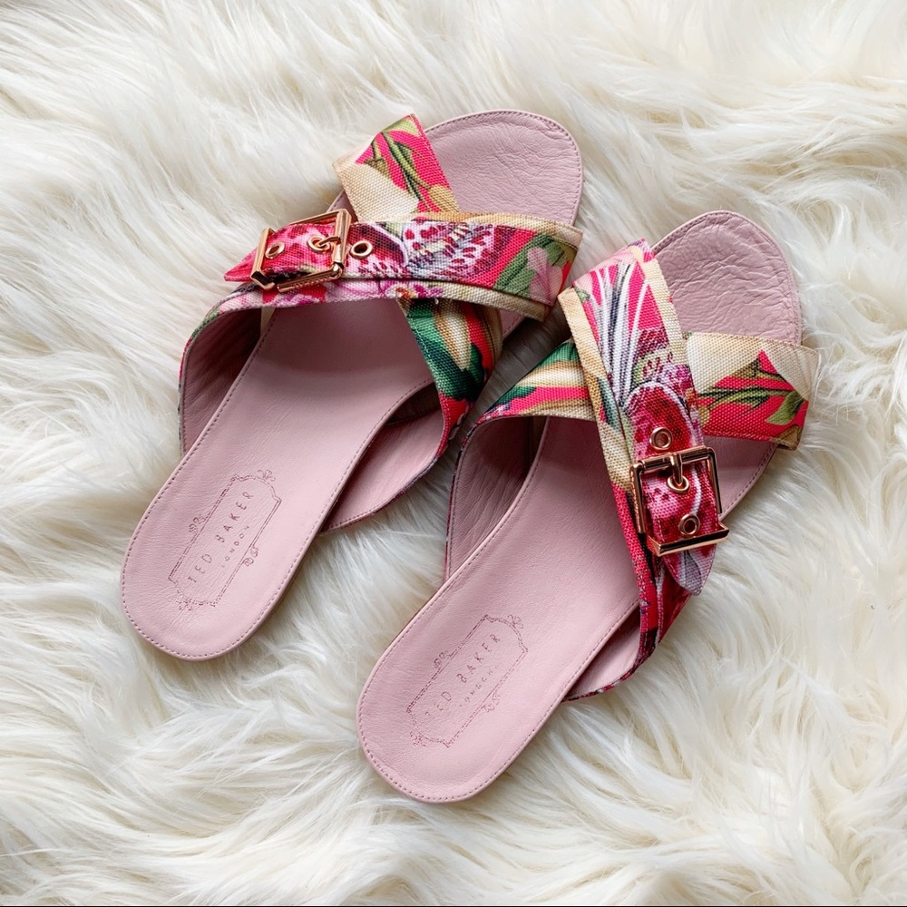 Ted Baker Pink Floral Buckle Slide Sandals with Multicolor Straps